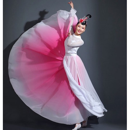 Girls women pink gradient chinese folk dance dresses ancient traditional classical fan umbrella dance costumes hanfu fairy dress art examination skirt